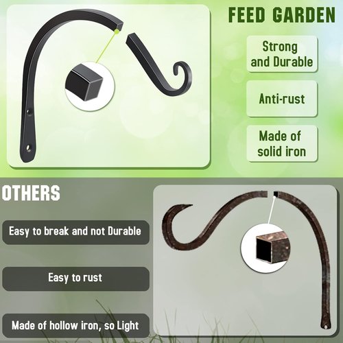 FEED GARDEN Heavy Duty Plant Hooks - 8 Inch Wall-Mounted Brackets | 44lb Capacity Steel Hangers in Black
