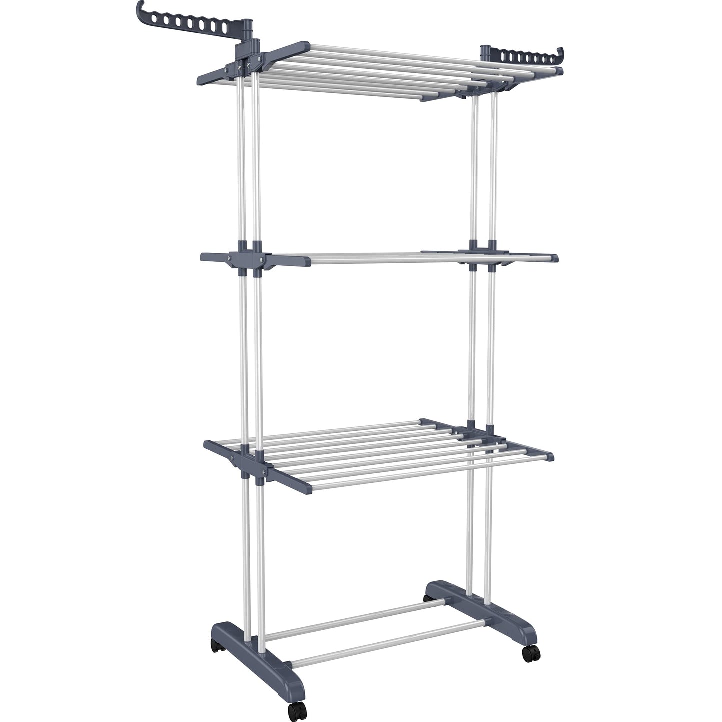 HOMIDEC Clothes Drying Rack, Oversized 4-Tier(67.7" High) Foldable Stainless Steel Drying Rack Clothing, Movable Drying Rack with 4 castors, 24 Drying Poles and 14 Hooks for Bed Linen, Clothing, Grey
