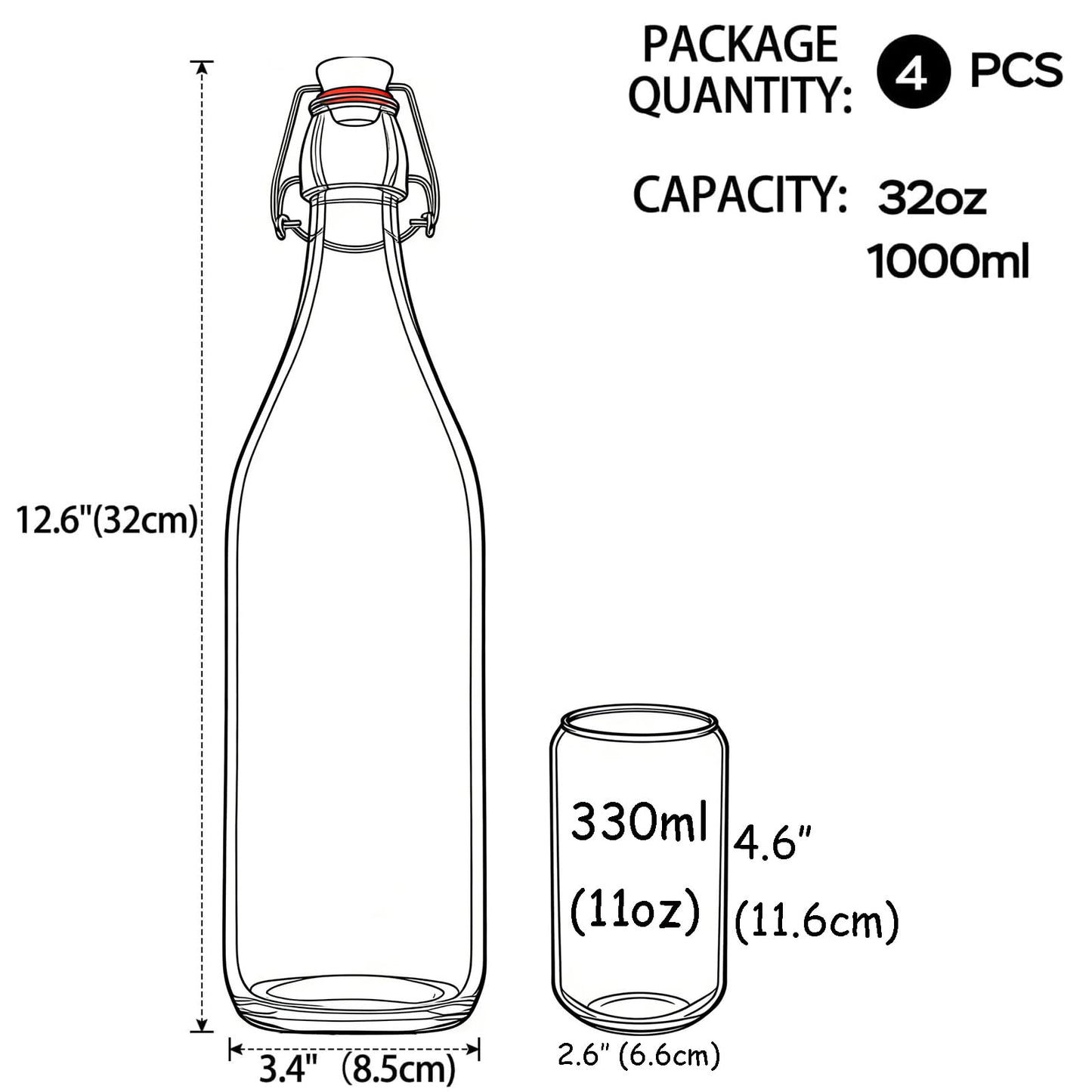 ZEBEIYU 32oz Beer Bottle,Swing Top Glass Kombucha Bottles with Stoppers for Brewing, Beverages, Smoothies, Kefir, Beer, Soda, Juicing, Kombucha, Oil, Water, Milk, Vinegar(4 Pack)
