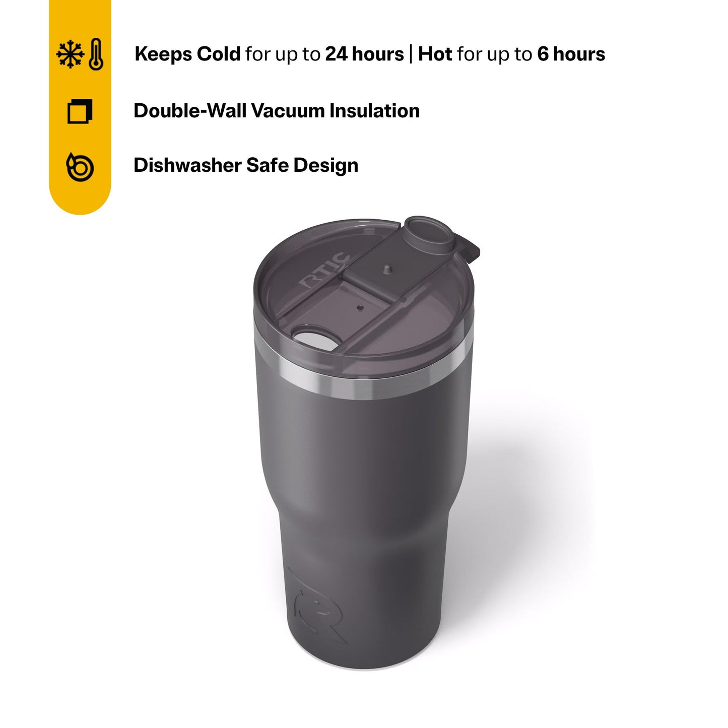 RTIC 30oz Essential Tumbler with Lid, Ceramic Lined, Insulated, Stainless Steel, Metal, Double Wall Vacuum-Insulation, Travel Cup for Iced Coffee, Tea, Hot and Cold Drink, Graphite