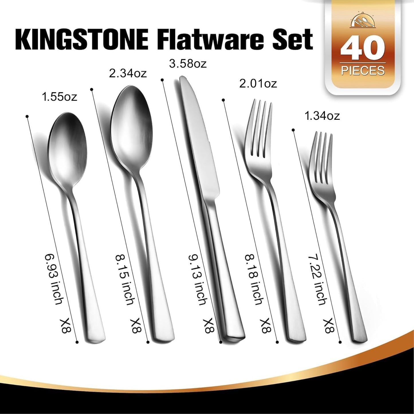 KINGSTONE 40-Piece Silverware Set for 8 | Forged 18/10 Stainless Steel, Mirror Finish, Dishwasher Safe