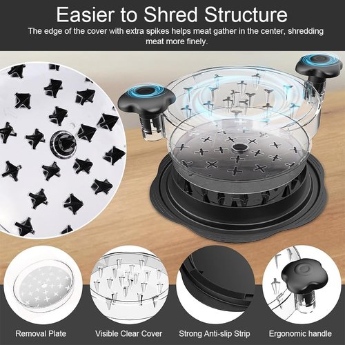 Chicken Shredder Large Chicken Breast Shredder Tool Twist with Brush, Visible Meat Shredder Machine, Strong Anti-Slip Strip, Ergonomic Handle, Removable middle tray, Suitable for Pork Beef Chicken
