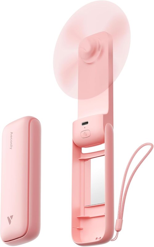 Aecooly Slim Portable Fan - USB Rechargeable Mini Handheld Fan with Mirror | 24-Hour Cooling - Pink