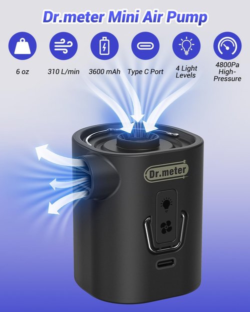 Dr.meter Air Pump - 3600mAh Rechargeable Mini Pump with Camping Light | Fast Inflate/Deflate for Inflatables