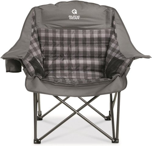 Guide Gear Oversized Padded Camping Chair - Portable Folding Lounge for Adults | Heavy-Duty 400 lb Capacity, Gray Plaid