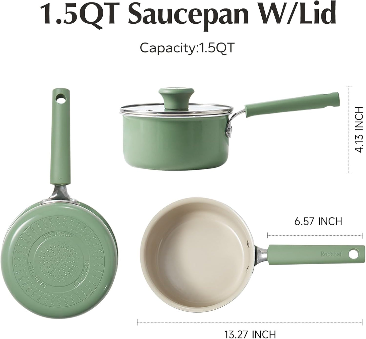 Redchef Ceramic Nonstick Saucepan - 1.5QT Small Cooking Pot with Lid, PFAS-Free, Green
