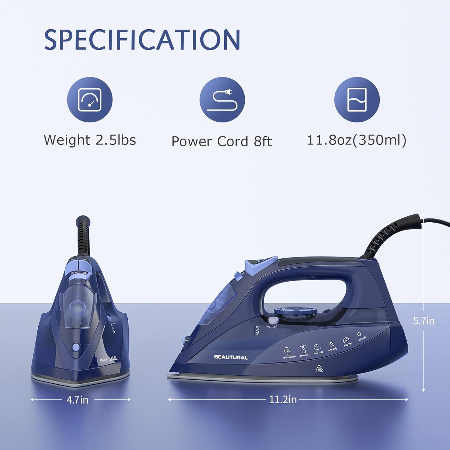 Beautural Steam Iron - Precision Thermostat Dial, Ceramic Soleplate, 3-Way Auto-Off, Self-Cleaning | Blue