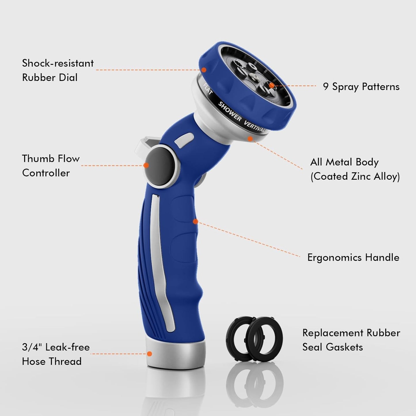 RESTMO Heavy-Duty Metal Hose Nozzle - 9 Spray Patterns | High Pressure with Thumb Flow Control | Ideal for Lawn, Car & Pet Washing, Blue