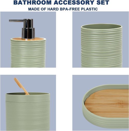 CERBIOR 6-Piece Bamboo Bathroom Accessories Set - Stylish Soap Dispenser, Toothbrush Holder & More | Sriral Green