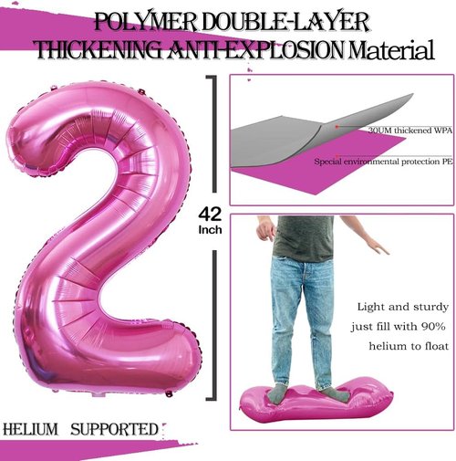 GOER Pink Foil Number 2 Balloons - Huge 42" & 32" Birthday Party Decorations (3 Pcs)