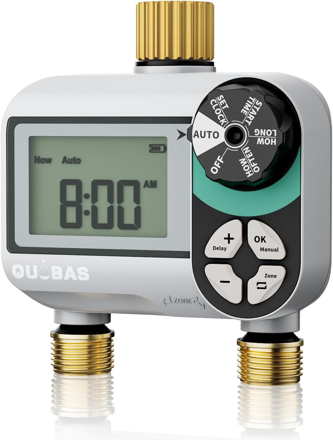 QUOBAS Brass Sprinkler Timer - Programmable Water Hose Timer with Waterproof LCD Screen | 2 Zone Irrigation System for Garden, Lawn, Yard