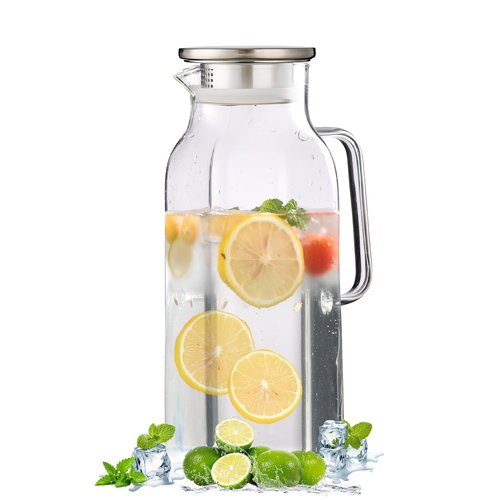 1.8-liter glass water bottle with lid, 60 ounce heat-resistant glass water bottle for refrigerator, with handle, suitable for parties and families. Used for tea, coffee, lemonade, juice, etc