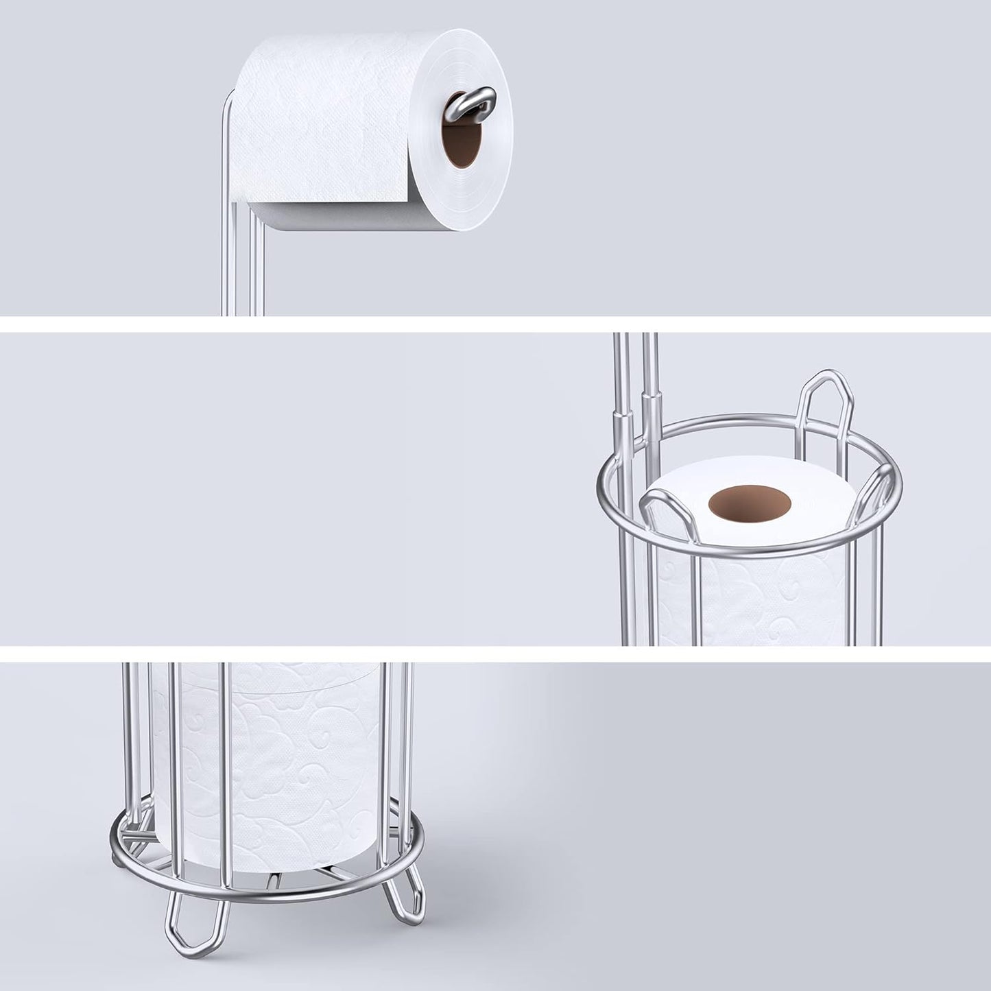 Meangood Toilet Paper Holder Stand - Free Standing Tissue Roll Dispenser for 4 Mega Rolls | Silver Metal Design
