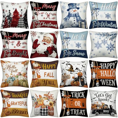 Peryiter 16-Pack 18x18 Seasonal Pillow Covers Set — Christmas, Halloween, Winter, Autumn (Holiday Decor)