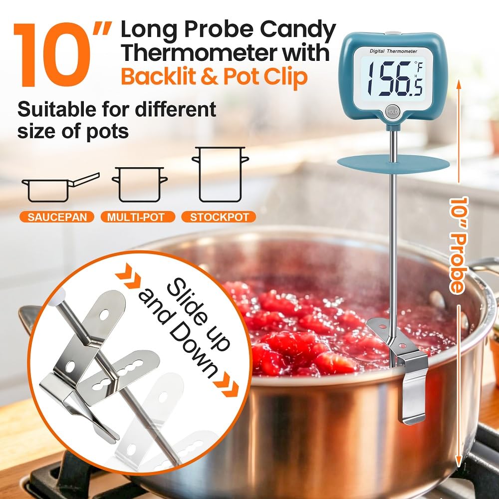 Candy Thermometer for Candy Making with Rotatable Large Display 10'' Long Probe,Digital Instant Read Candy Thermometer with Pot Clip,Candle Smoker, Oil Cooking (Blue)