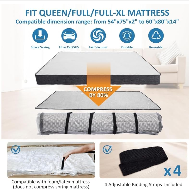 Storage Logic Foam Mattress Vacuum Bag - Vacuum Seal with 4 Adjustable Packing Straps | Queen/Full/Full-XL