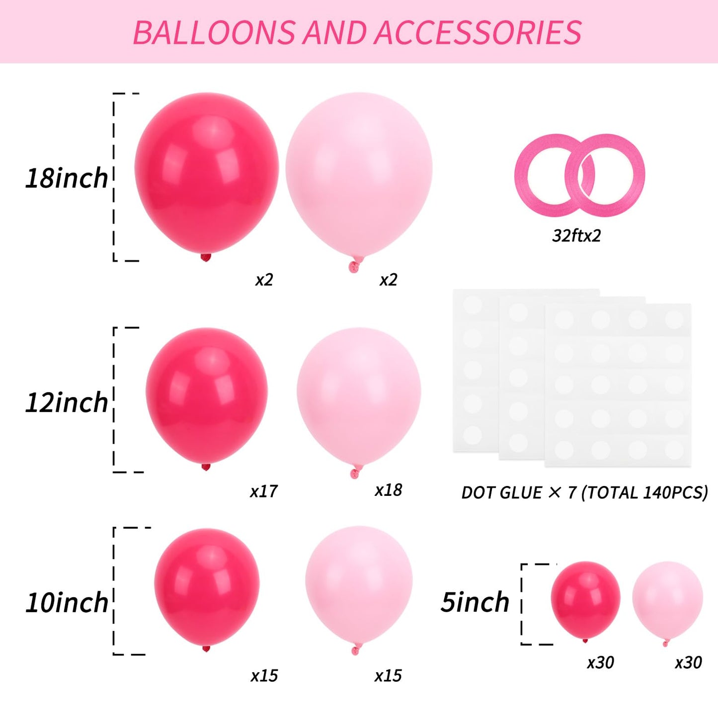 RUBFAC Baby Pink and Hot Pink Balloons 129pcs Different Sizes Pack of 18 12 10 5 Inch, Latex Magenta Pastel Pink Balloon Garland Arch Kit for Birthday Wedding Anniversary Baby Shower Princess Theme