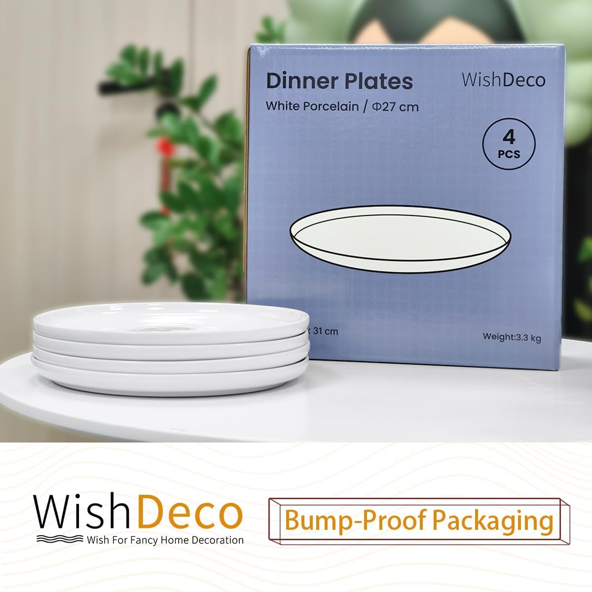 WishDeco White Dinner Plates - Set of 4 Ceramic 10.5-Inch Dining Plates | Microwave & Dishwasher Safe