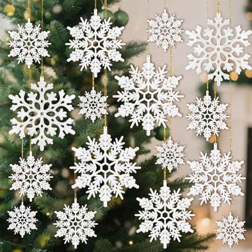 42pcs White Snowflake Ornaments - Christmas Tree Decorations, Hanging Snowflake Decor, Plastic Glitter Snow Flakes for Christmas, Winter, Party