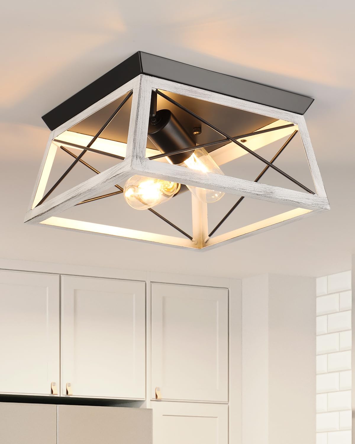 Farmhouse Flush Mount Ceiling Light Oak White Ceiling Light Fixtures 2-Light Industrial Vintage Metal-Framed Ceiling Lighting for Hallway Foyer Kitchen Dining Room Bedroom Living Room Laundry