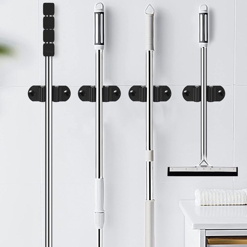 HYRIXDIRECT Heavy Duty Mop and Broom Holder - Wall Mounted Stainless Steel Organizer | Black