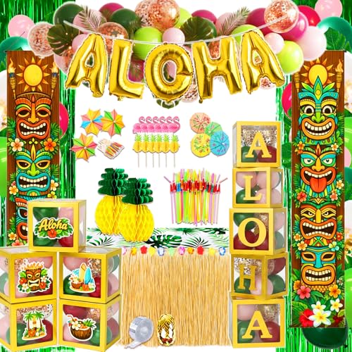 Hawaiian Party Decorations Kit - 169 Pcs Tropical Party Supplies with Balloons, Foil Banner, Fringe Curtains, Palm Leaves & More