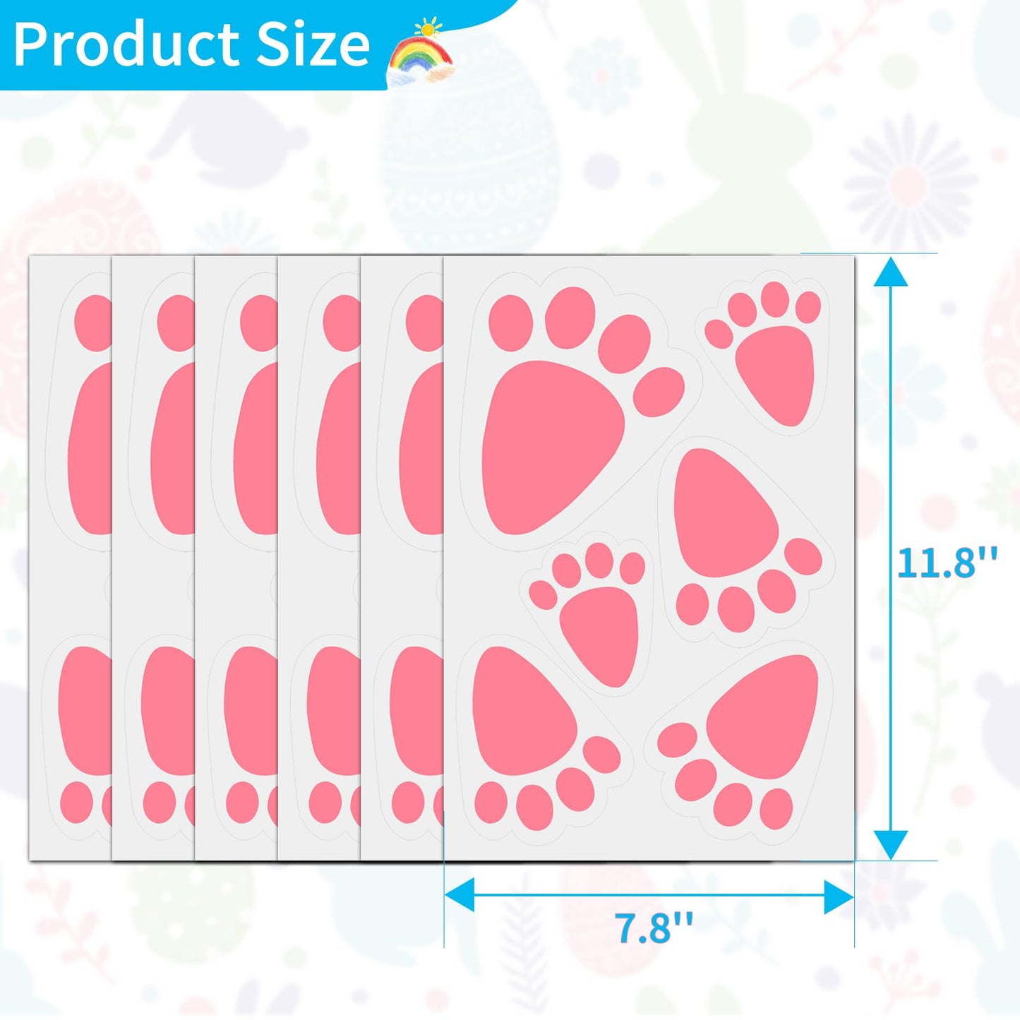 Oeyliz Easter Bunny Footprint Stickers Removable Easter Bunny Paw Stickers Prints 36 PCS Rabbit Footprints 6 Sheets Rabbit Paw Print Floor Decal Clings for Easter Party Home Window Decorations