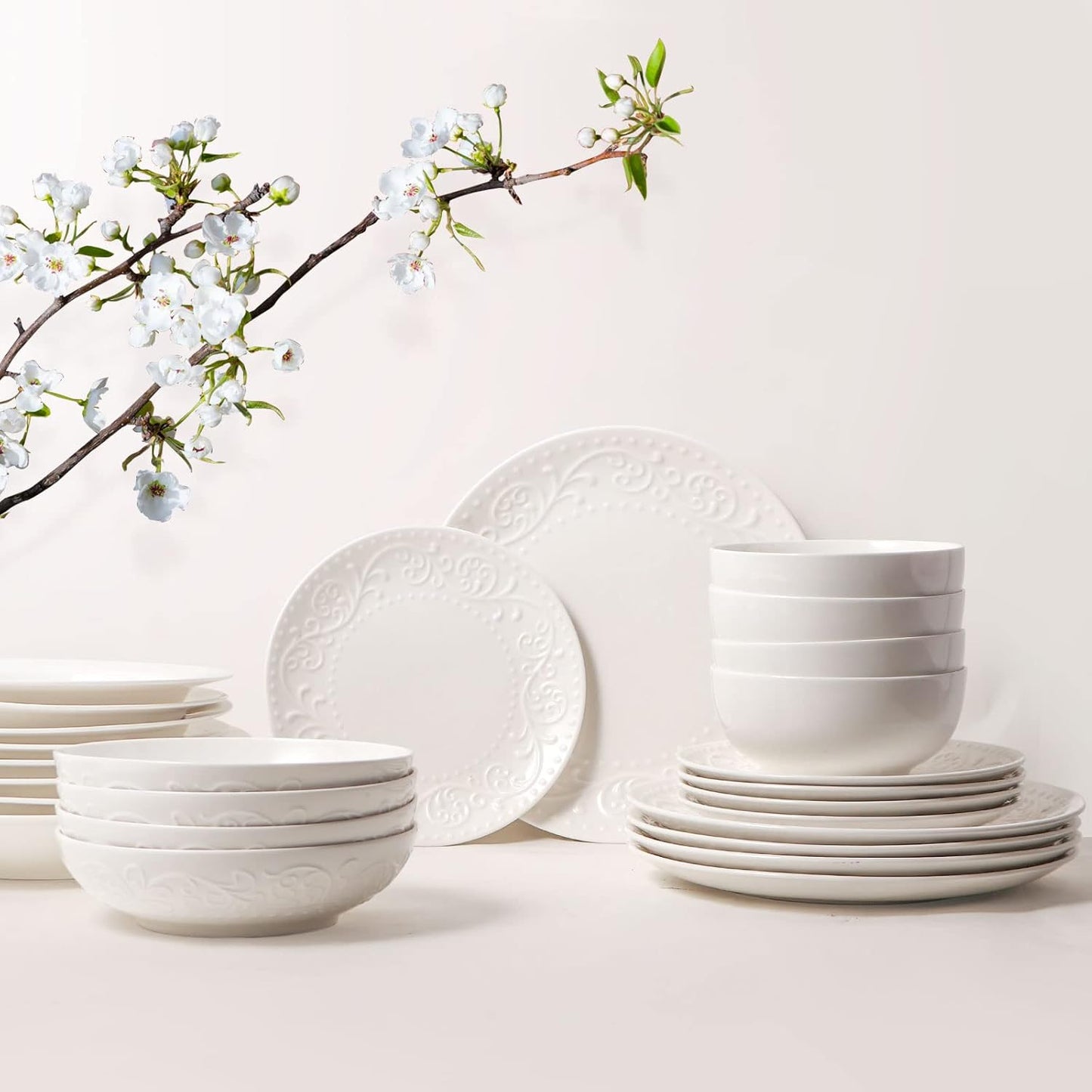 Artena Pasta Bowls Set of 4 - 32oz Ceramic Salad Bowls | 8-Inch White Embossed Design, Microwave & Dishwasher Safe
