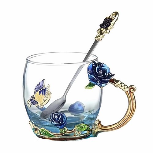 FDINF Tea Cup Gifts for Mom Women Mothers Day Glass Coffee Enamels Mug Birthday Butterfly Rose Gifts for Her Valentines Day Christmas Tea Cup with Spoon