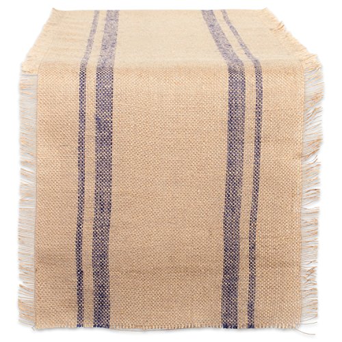 DII Jute Burlap Table Runner 14x108 Double Border Blue for Kitchen & Dining
