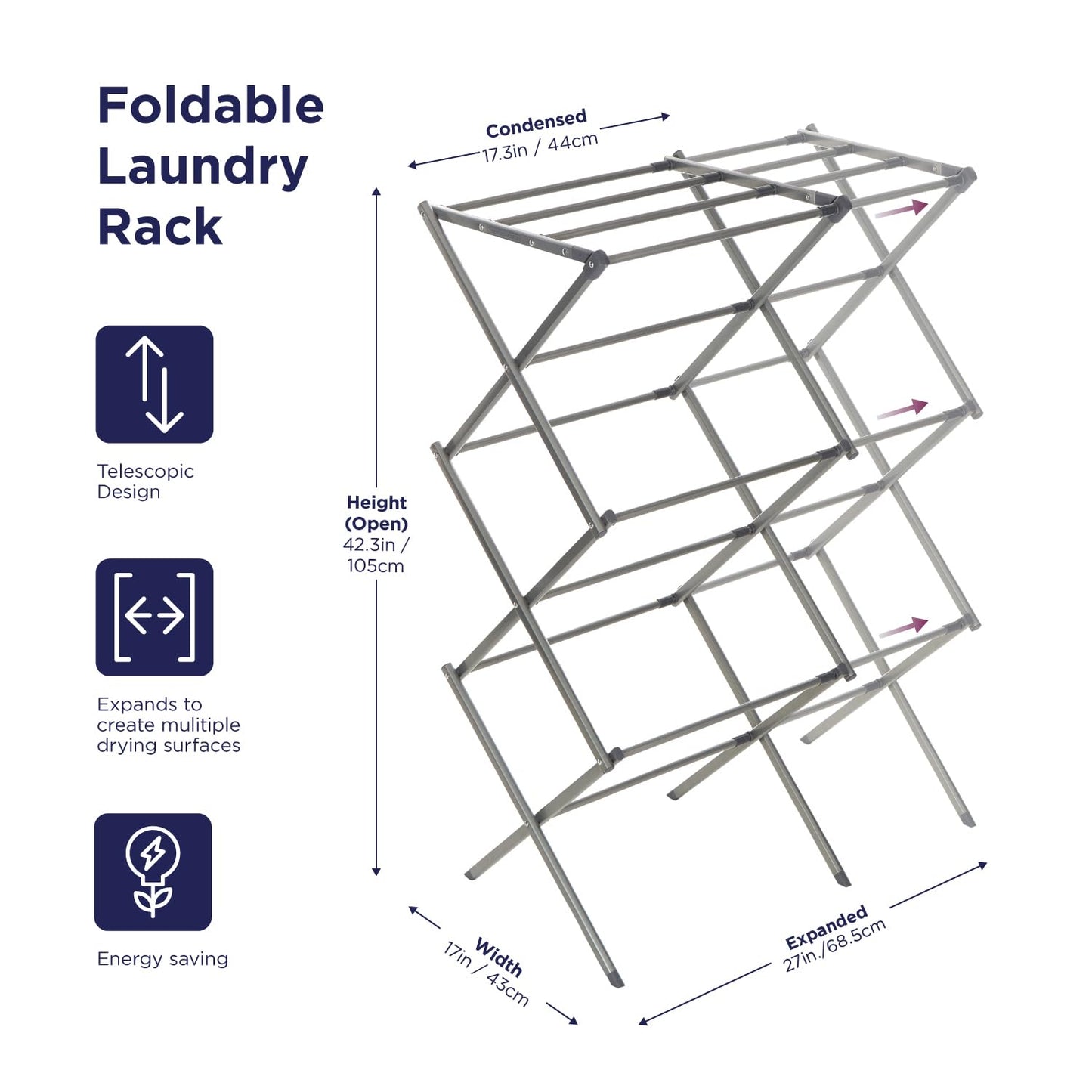 BLACK+DECKER 3 Tier Expandable Collapsing Foldable Laundry Rack for Air Drying Clothing, Space Saving Heavy Duty Lightweight Metal Drying Rack(Silver)