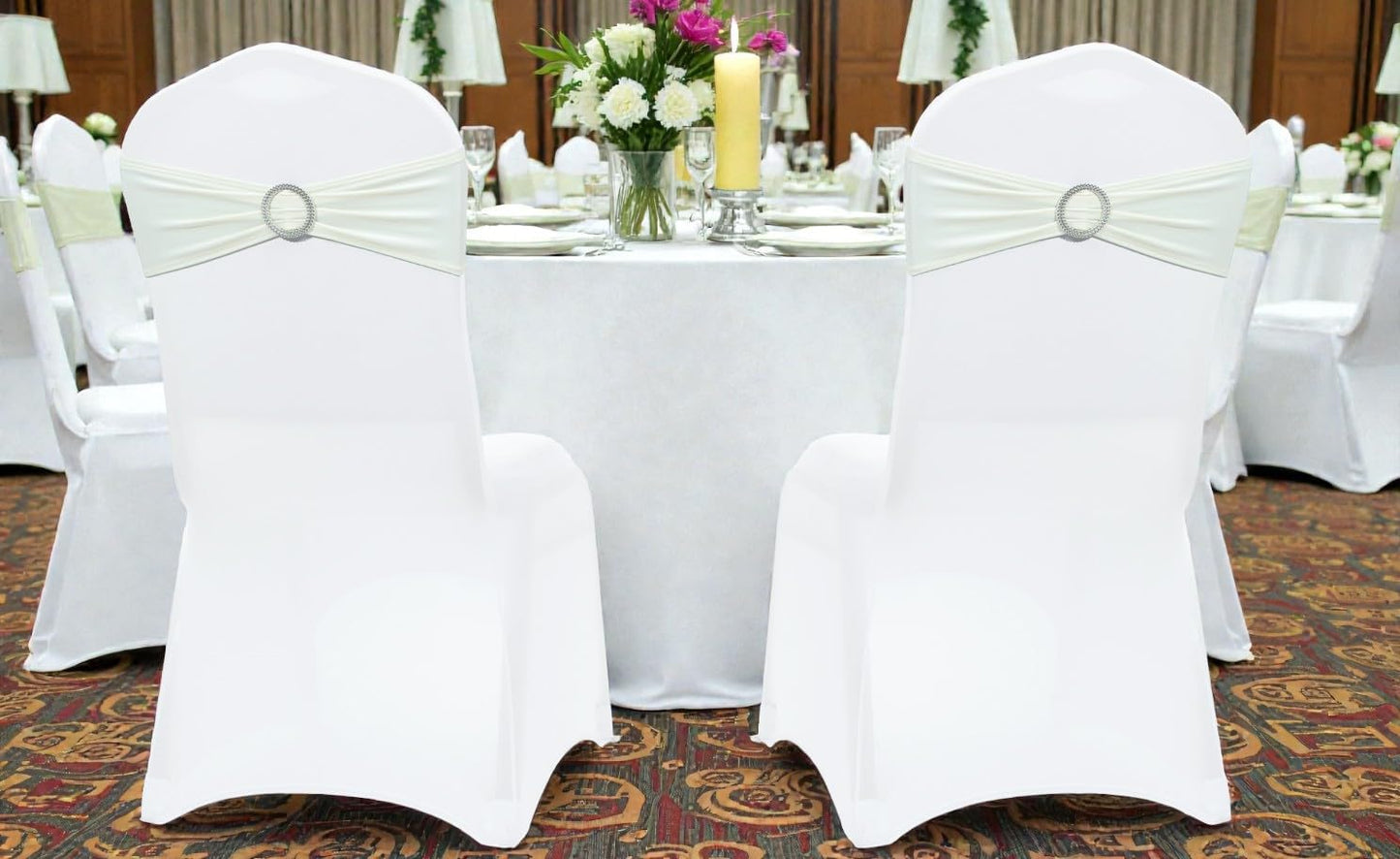 MDS Spandex Chair Sashes - Premium Stretch Covers with Buckle Slider for Weddings & Events | Ivory, Pack of 75