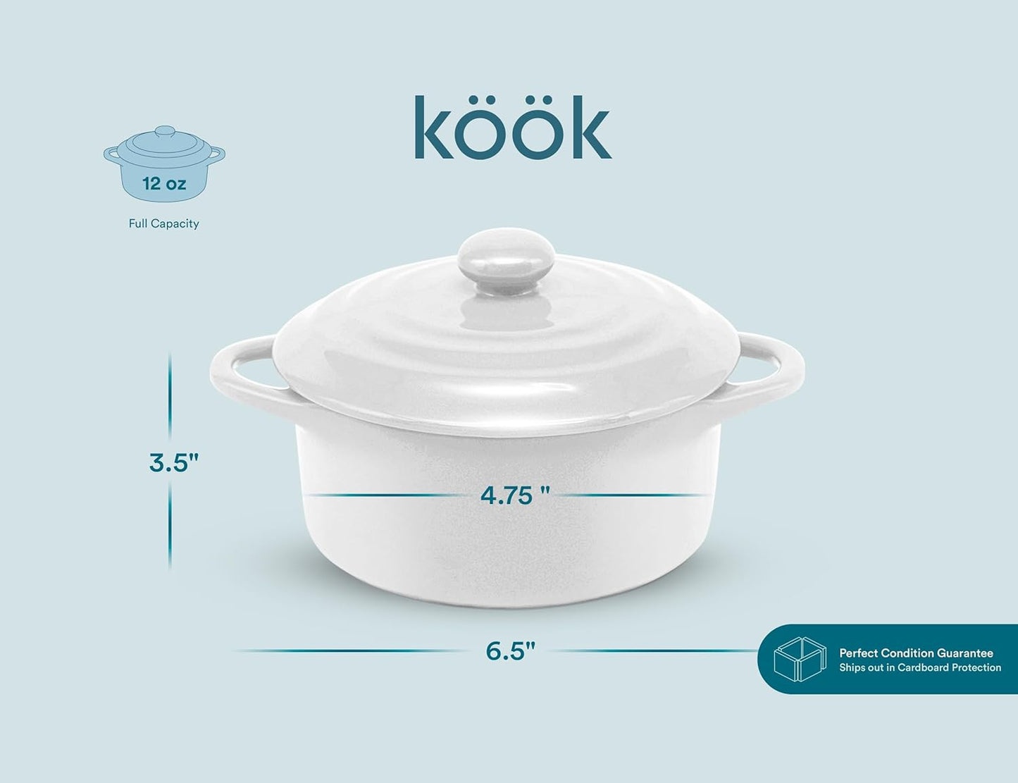 Kook Ceramic Mini Cocotte Set - Small Casserole Dishes with Lids | Oven Safe 350°F, 12 oz, Set of 4 (Swiss White)