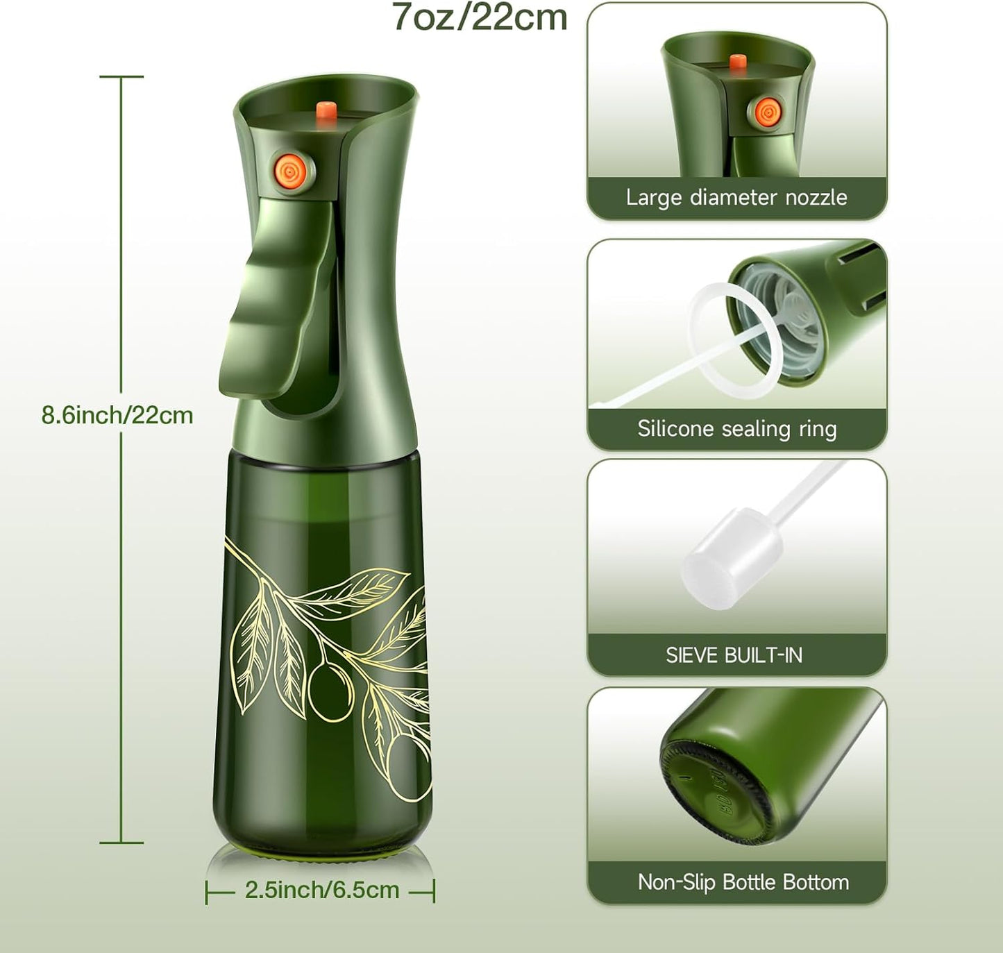 Skiennix Glass Olive Oil Sprayer - Continuous Cooking Spray with Portion Control | 200ml Green Bottle