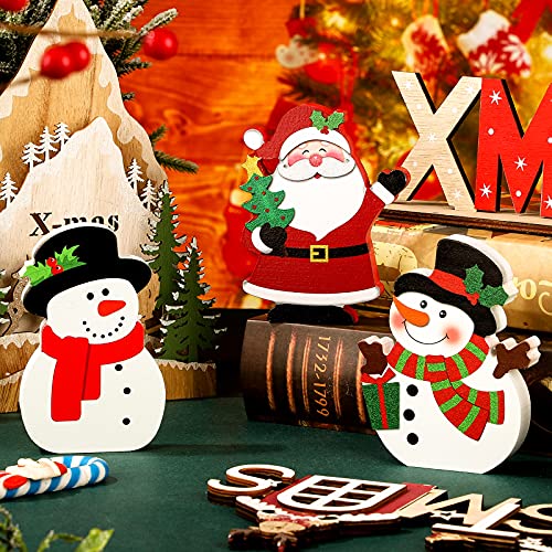 Yookeer 3 Pieces Christmas Table Centerpiece Decor for Tiered Tray Christmas Wooden Snowman Table Signs Santa Xmas Tabletop Centerpiece Decorations for Shelf Display Home Room Desk