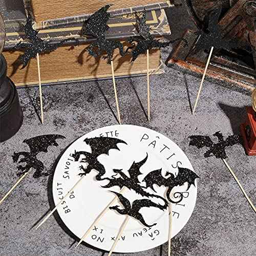 36 Pieces Dragon Cupcake Toppers Black Glitter Cake Picks Cool Dinosaur Cupcake Topper for Dragon Themed Party Birthday Christmas Fantasy Themed Party Decoration, 6 Styles
