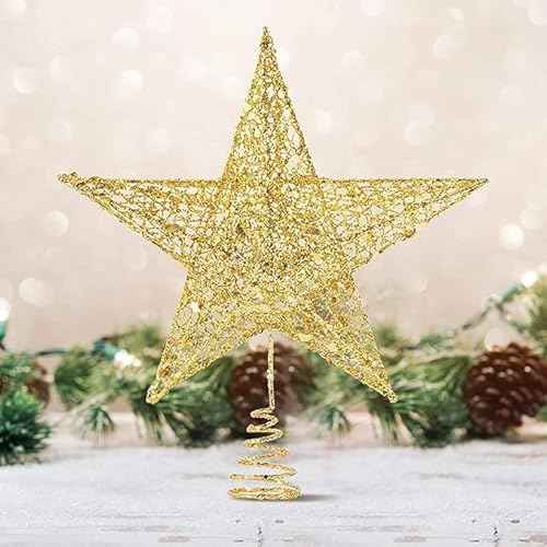 Glittered Christmas Tree Topper, 8 Inch Gold Glitter Christmas Tree Ornaments Metal Hollow Star for Christmas Tree Home Decoration for Home Xmas Holiday Party