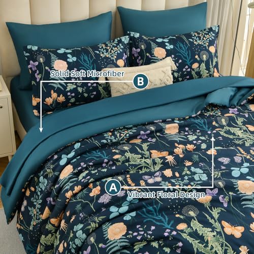 Queen Size Peacock Blue Floral Comforter Set - 7 Pieces Bedding with Reversible Design