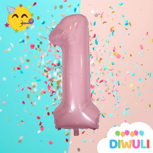 DIWULI Number Balloons 40 Inch Pastel Pink - Large Number 1 Balloon, Big Pink Balloons, Helium 1st Birthday Party Decorations Supplies Foil Balloons Numbers Girl Women, Big Balloon Years Anniversary