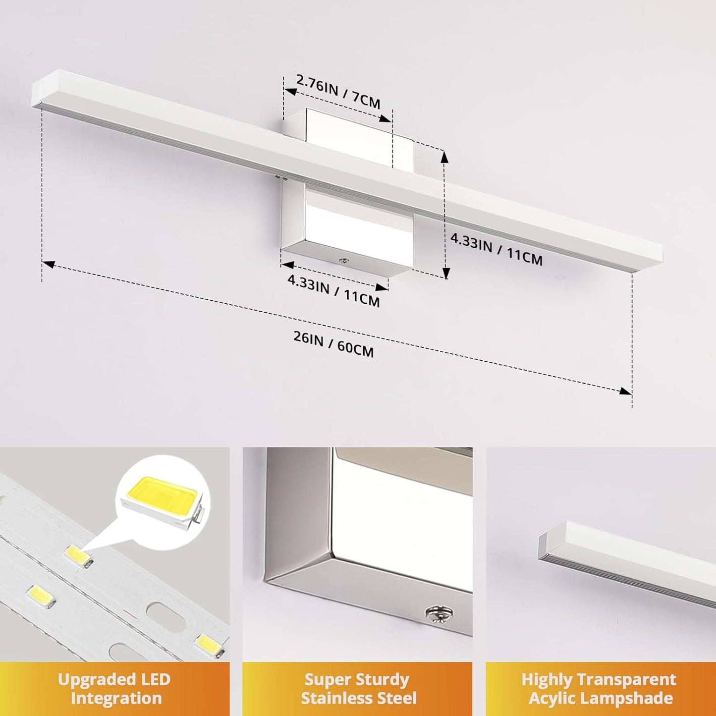 Combuh 24-Inch LED Bathroom Vanity Light Bar 14W IP44 Chrome Over Mirror Lighting Fixture Indoor Modern Bright White 4000K