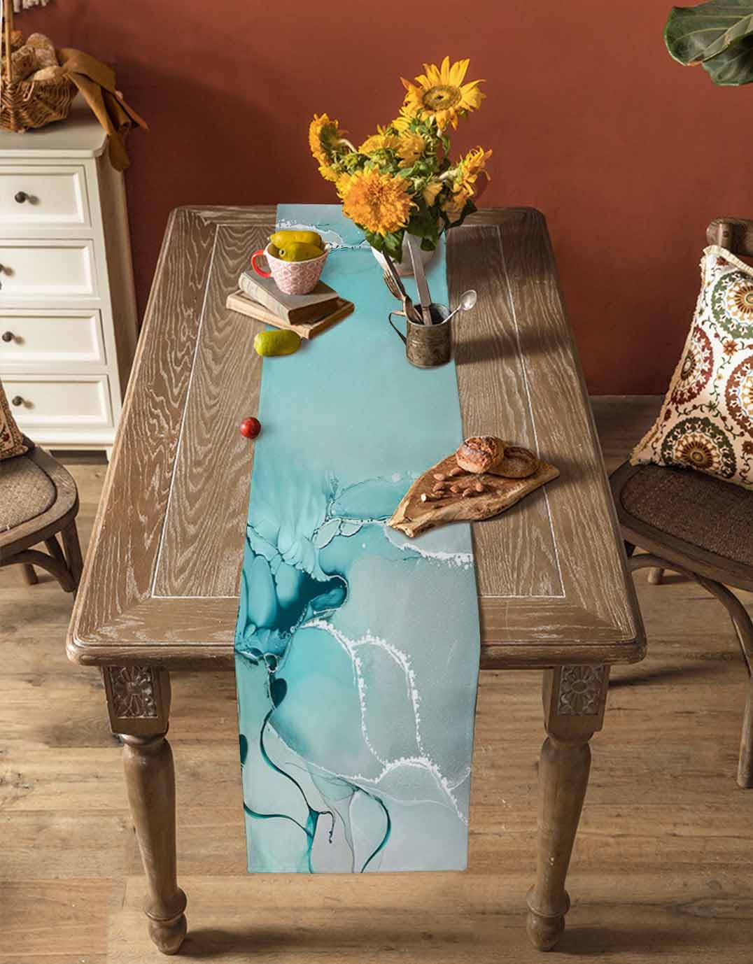 Marble Turquoise Teal Aqua Table Runner 90 Inches Long,Cotton Linen Modern Kitchen Dinner Dining Table Runners Decor Long Dresser Scarf,Burlap Tablerunner for Coffee/Dining/Party/Wedding Table