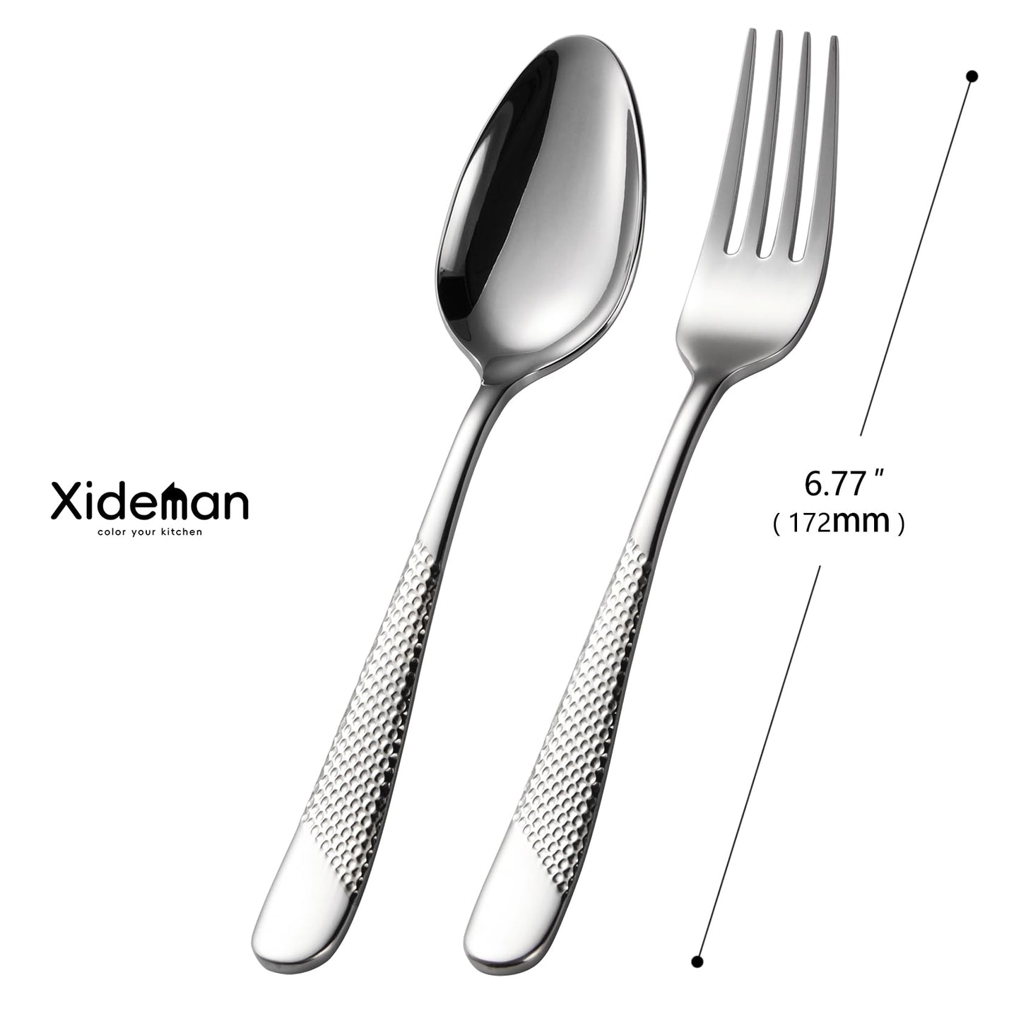 Xideman® 24-Piece Premium Forks and Spoons Silverware Set (6.7 inch), 18/10 Stainless Steel Hammered Flatware Cutlery Set for Home Kitchen and Restaurant - 12 Salad Forks & 12 Teaspoons (Silver)