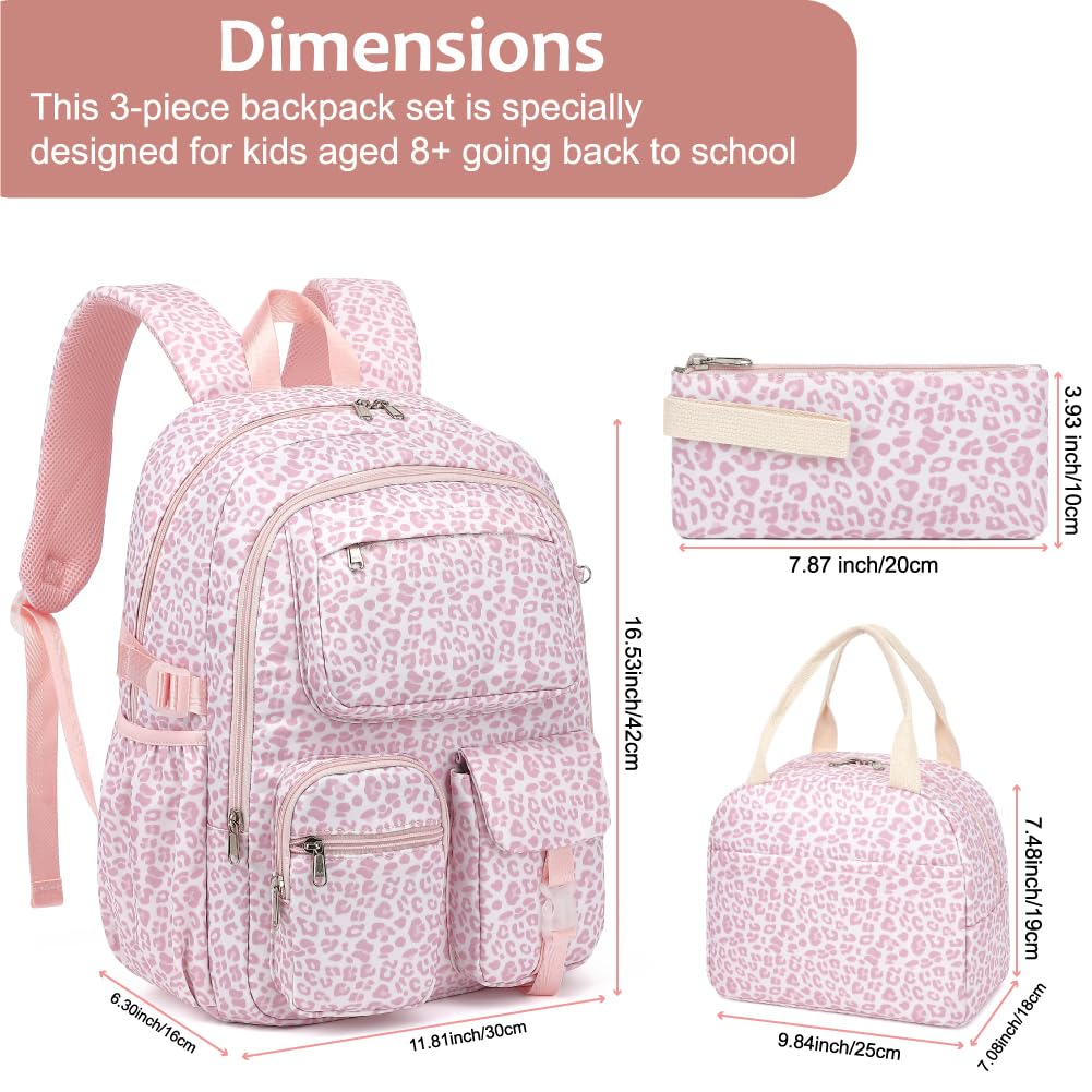 Lroiutian Girls Backpack Set for School Backpacks with Lunch Box Pencil Case 3 Piece Bookbags, Kids Elementary Teen Student Lightweight School Bag Set-Leopard Pink