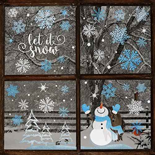 Yovkky Snowflakes Snowman Window Clings 9 Sheets, Let it Snow Quote Stickers Decal Decor for Glass, 2026 New Year Christmas Home Kitchen Winter Holiday Decorations