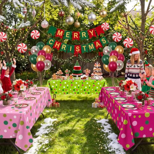 Oudain 3 Pcs Pink & Green Polka Dot Tablecloths 54 x 108 in – Disposable Plastic Event Covers