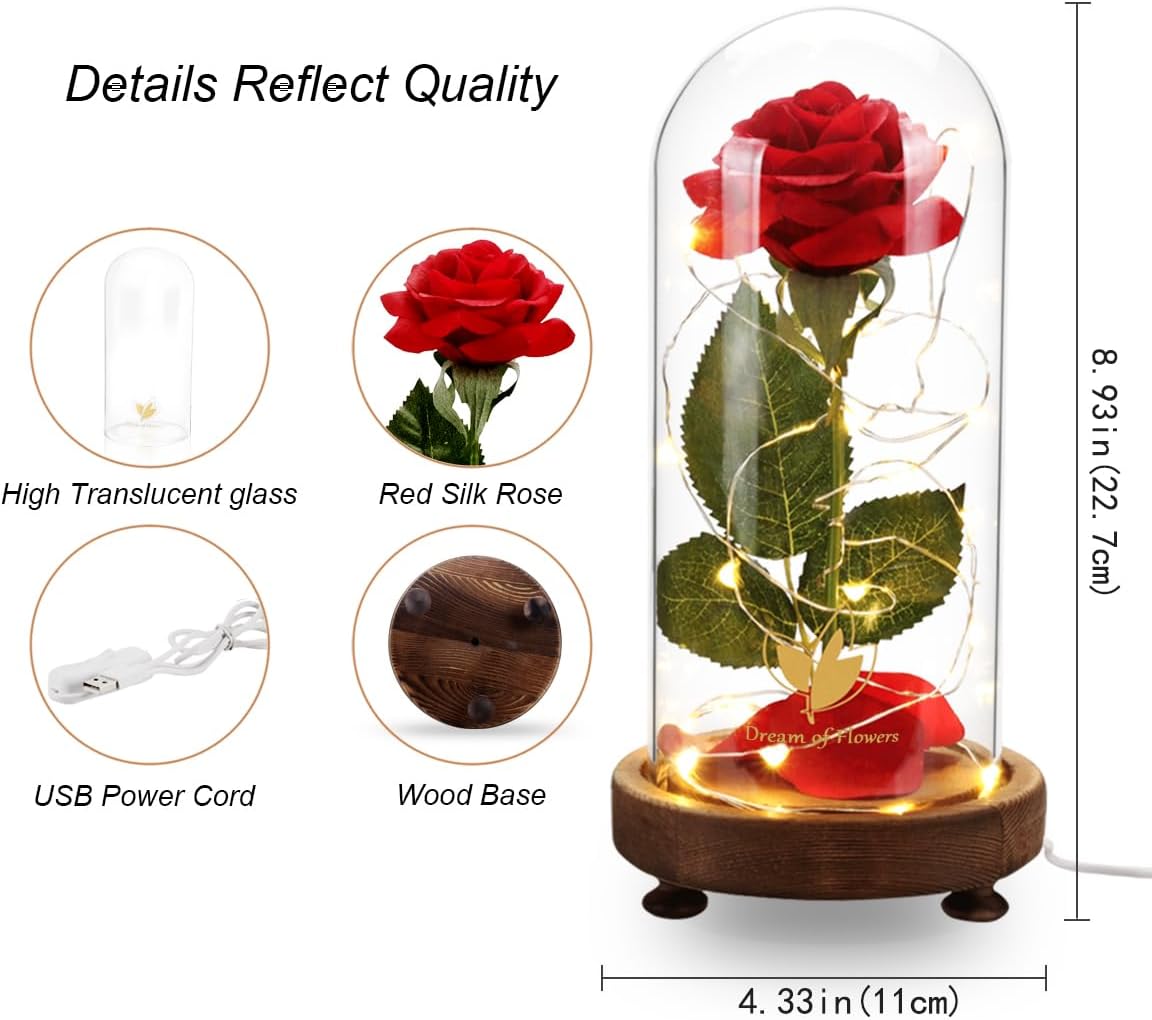 Birthday Gifts for Women,Beauty and the Beast Rose in Glass Dome,Preserved Rose with Warm Lights,Flower for Delivery Prime,Forever Flower Gifts for Women Mom Wife Girlfriend, Anniversary Birthday Gift