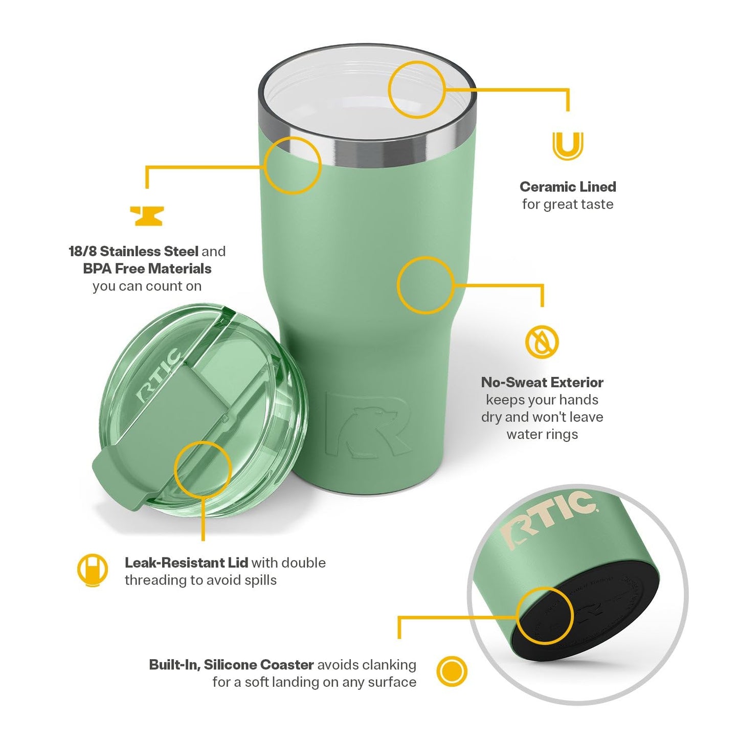 RTIC 30oz Essential Tumbler with Lid, Ceramic Lined, Insulated, Stainless Steel, Metal, Double Wall Vacuum-Insulation, Travel Cup for Iced Coffee, Tea, Hot and Cold Drink, Sage