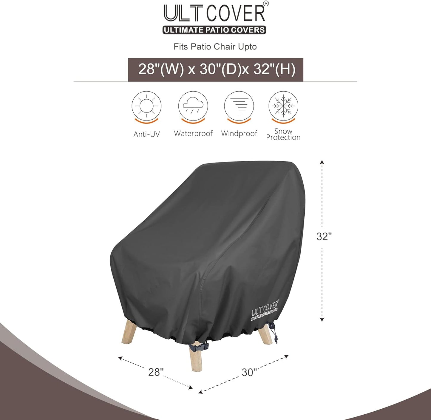 ULTCOVER Waterproof Patio Chair Cover - Durable Outdoor Deep Seat Cover for Chairs Up to 28W x 30D x 32H Inches, Black | 2 Pack