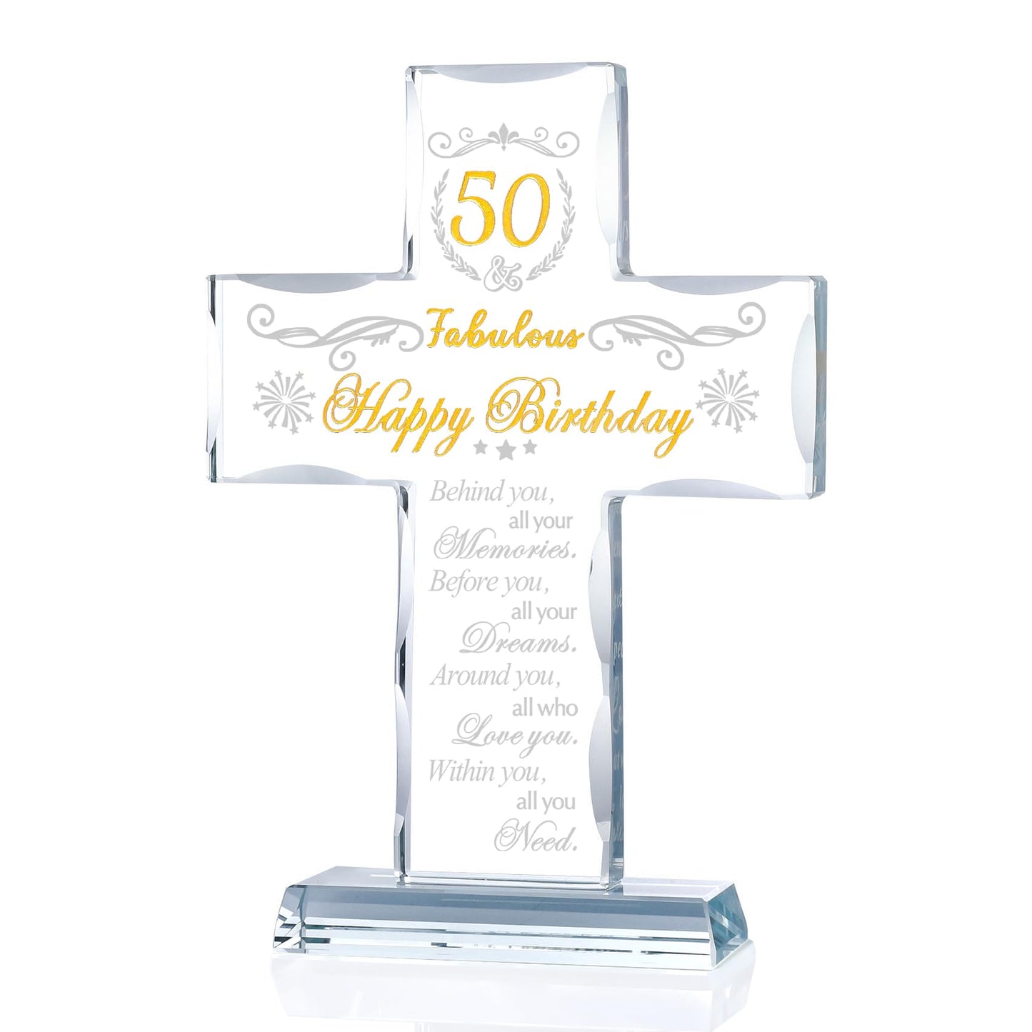 50th Birthday Religious Gifts for Women, Men - Glass Stand Cross Engraved with 50 Year Old Birthday Blessing for Sister, Friend, Wife - Turning 50 Keepsake Home Decor