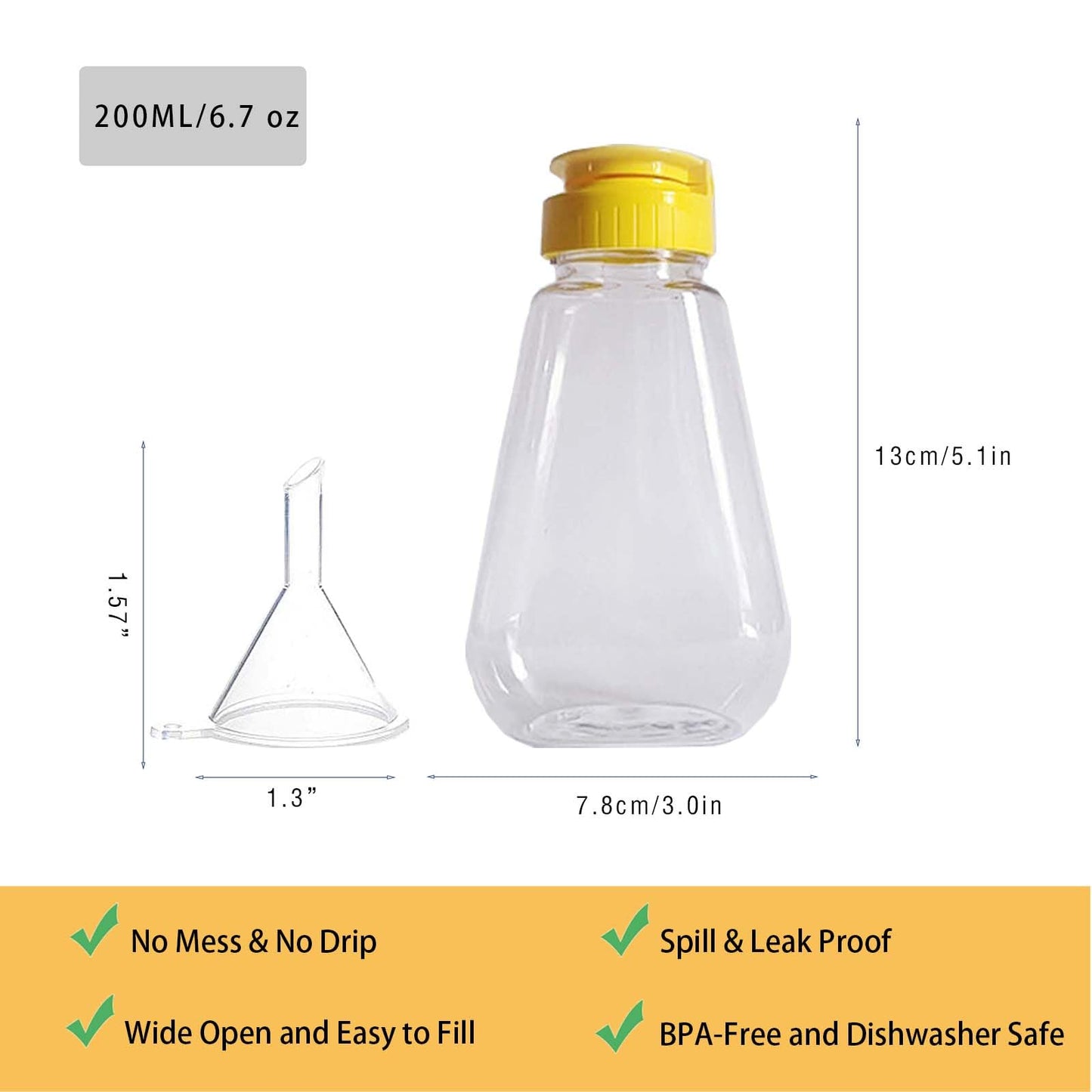 2 Pack Empty Plastic Honey Bottles with Funnel, 200ml Squeeze Honey Jars Leakproof Honey Dispenser Flip Top Condiment Container for Ketchup Mustard Salad Dressing Sauce Syrup Oil Epoxy, BPA Free